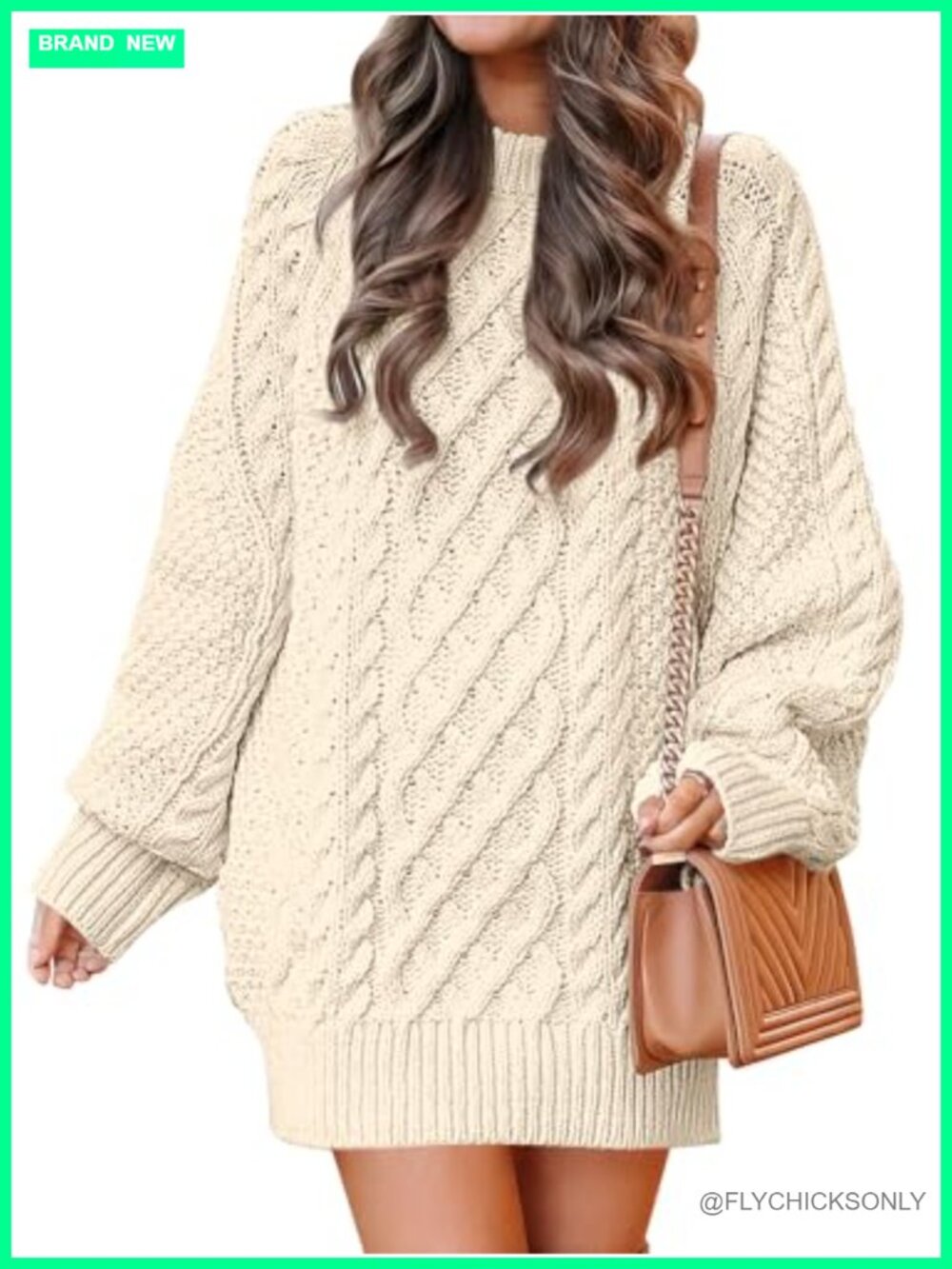 Oversized Cable Knit Mini Sweater Dress Long Sleeve Crewneck Chunky